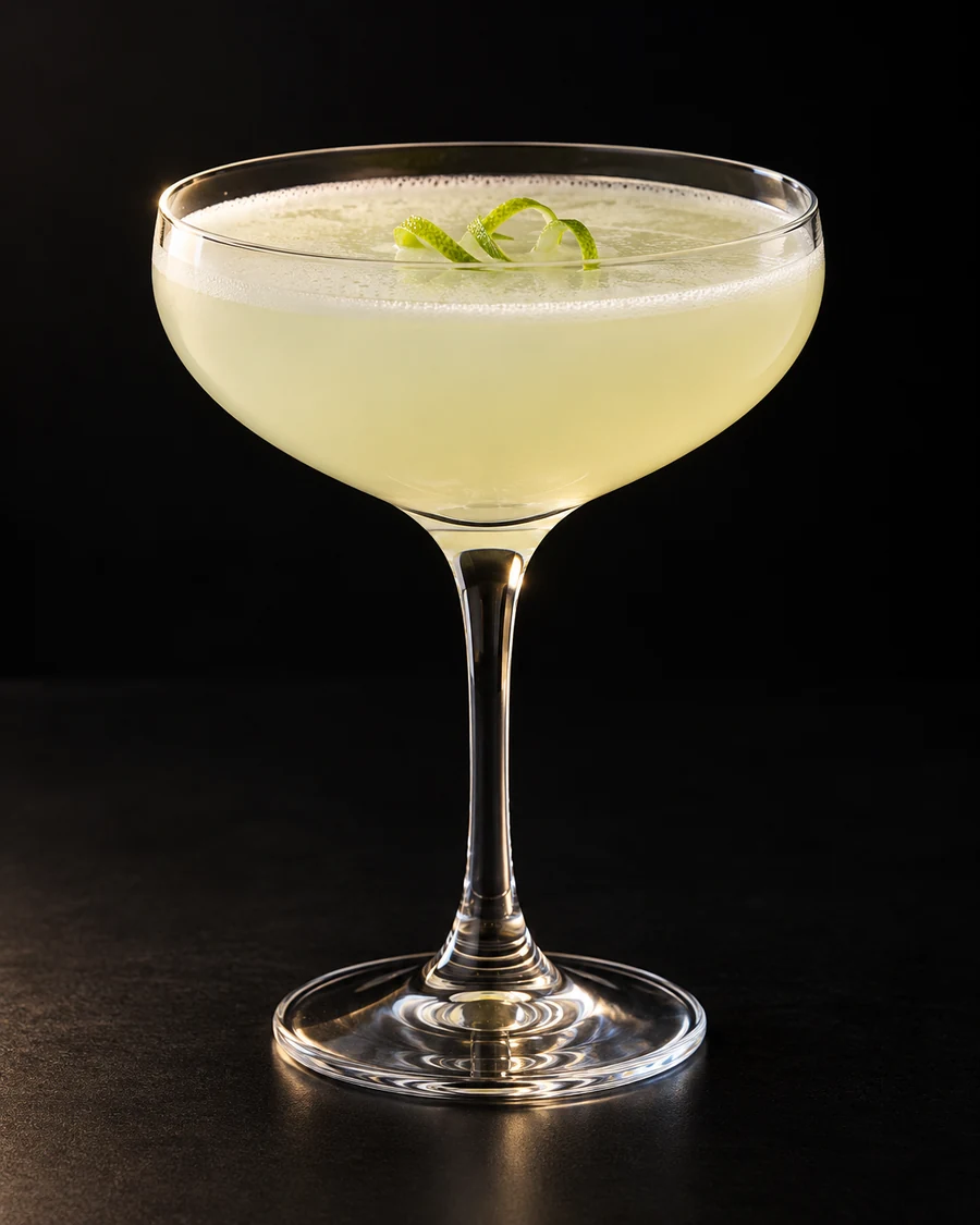 Non-Alc Daiquiri in a coupe, serve without ice, with Lime zest, against a black background.
