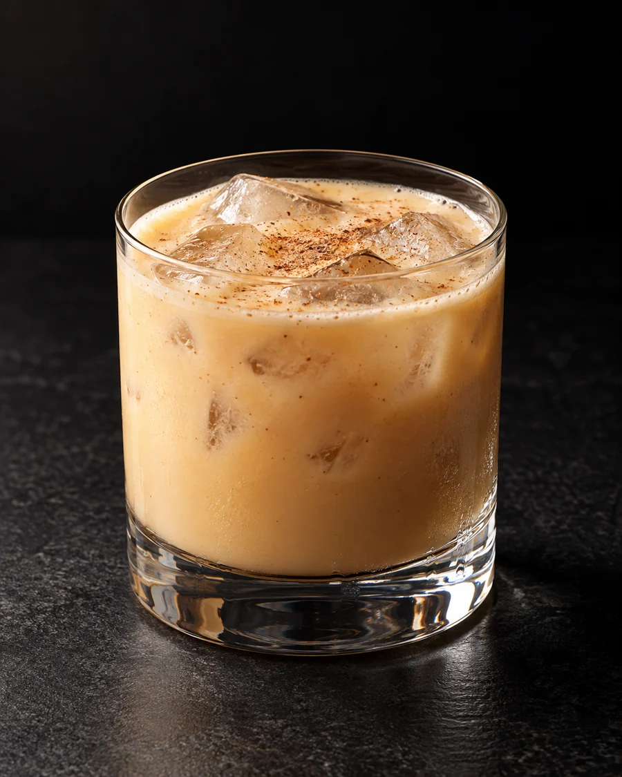 creamy pale caramel Non-Alc Dirty Eggnog in a large rocks glass over ice cubes with a light dusting of ground nutmeg.