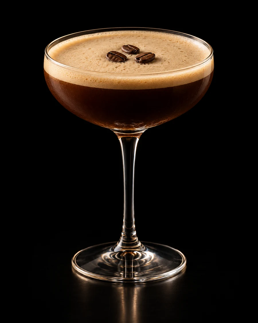 Non-Alc Espresso Martini in a coupe, serve without ice, with Three coffee beans, against a black background.