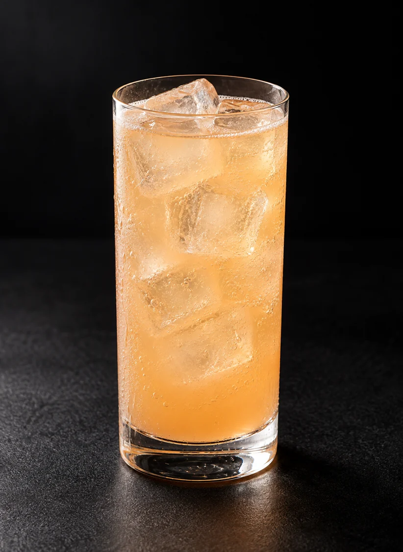 pale peach-gold Non-Alc Fiery Garden in a highball over ice cubes with fine bubbles and no garnish.