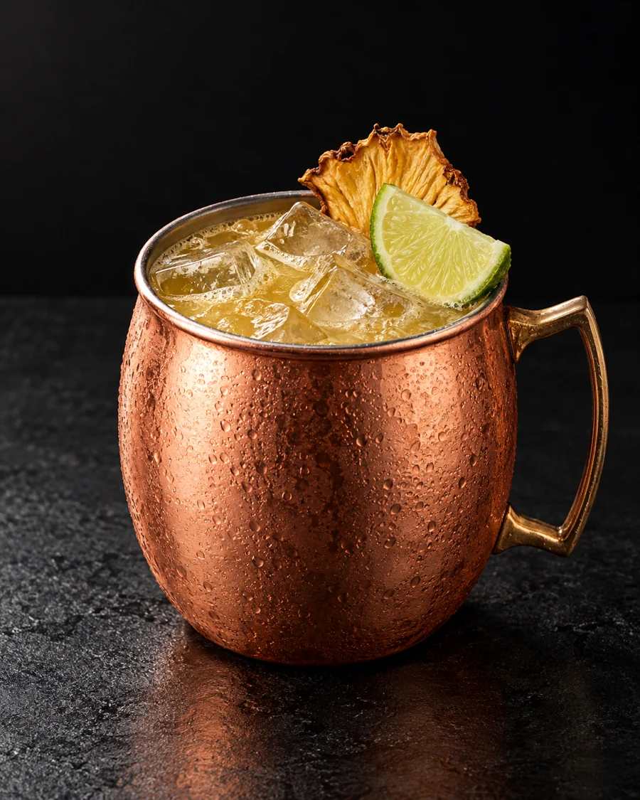 golden Non-Alc Fiery Mule over ice cubes in a food-safe lined copper mule mug with a lime wedge and dried pineapple piece.