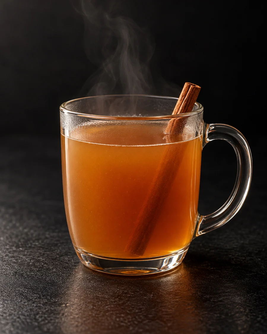 warm amber Fig, Ginger and Citrus Toddy in a clear heatproof glass mug with a cinnamon stick and gentle steam, no ice.