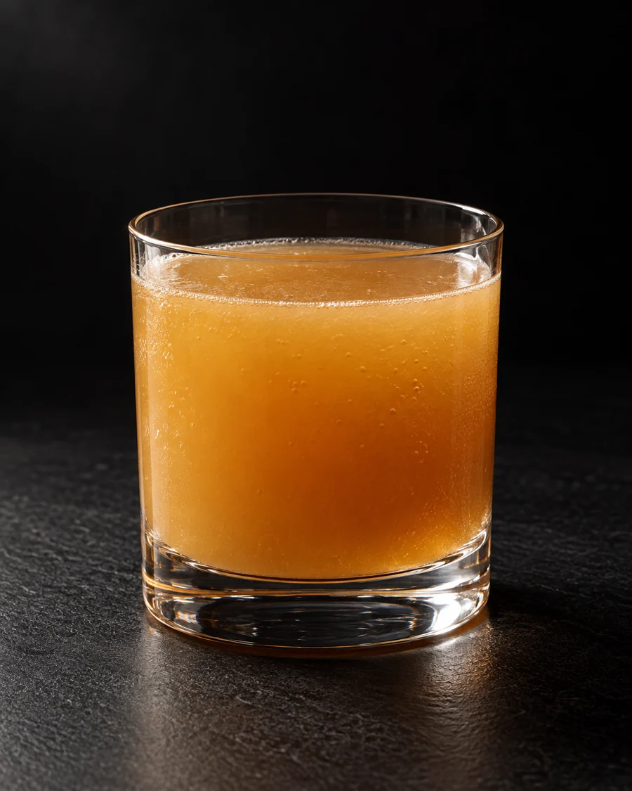 hazy amber Non-Alc Figgy Mule in a large rocks glass without ice or garnish.