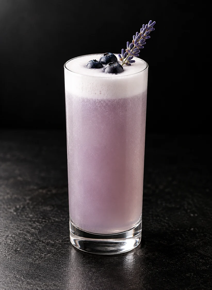 pale lavender Non-Alc Floral Gin Fizz in a Collins glass without ice, topped with a thick white foam cap, blueberries and a small culinary lavender sprig.