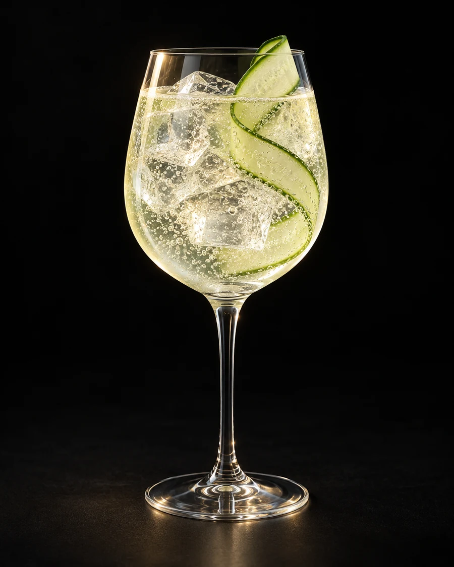 Non-Alc Garden Spritz in a wine, fresh cubed ice for service, with Cucumber ribbon, against a black background.