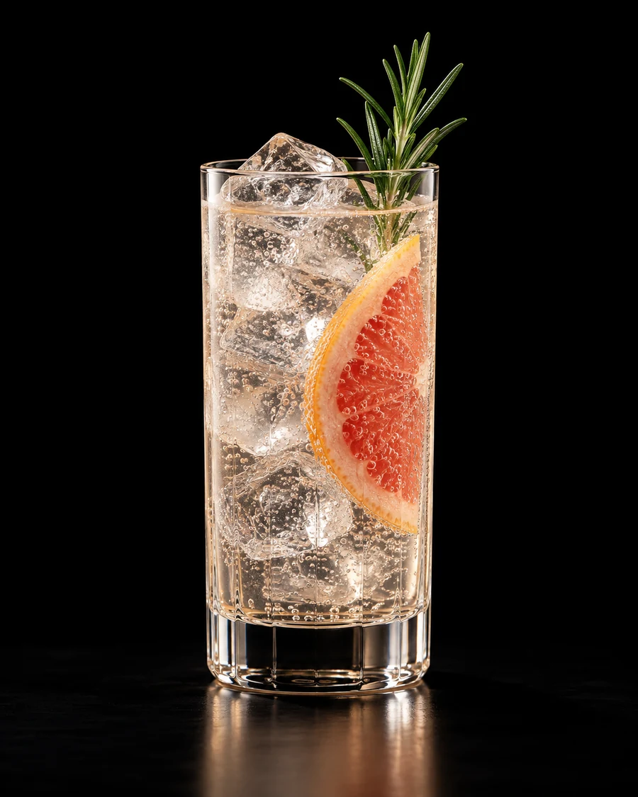 Non-Alc Gin and Tonic in a highball, fresh cubed ice for service, with A pink grapefruit slice in the glass and a rosemary sprig, against a black background.