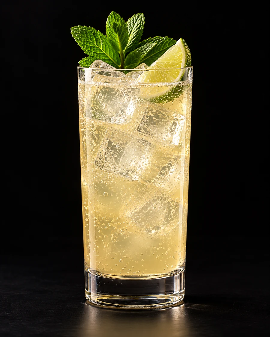 Non-Alc Gin Gin Mule in a highball, fresh cubed ice for service, with Mint sprig and lime wedge, against a black background.