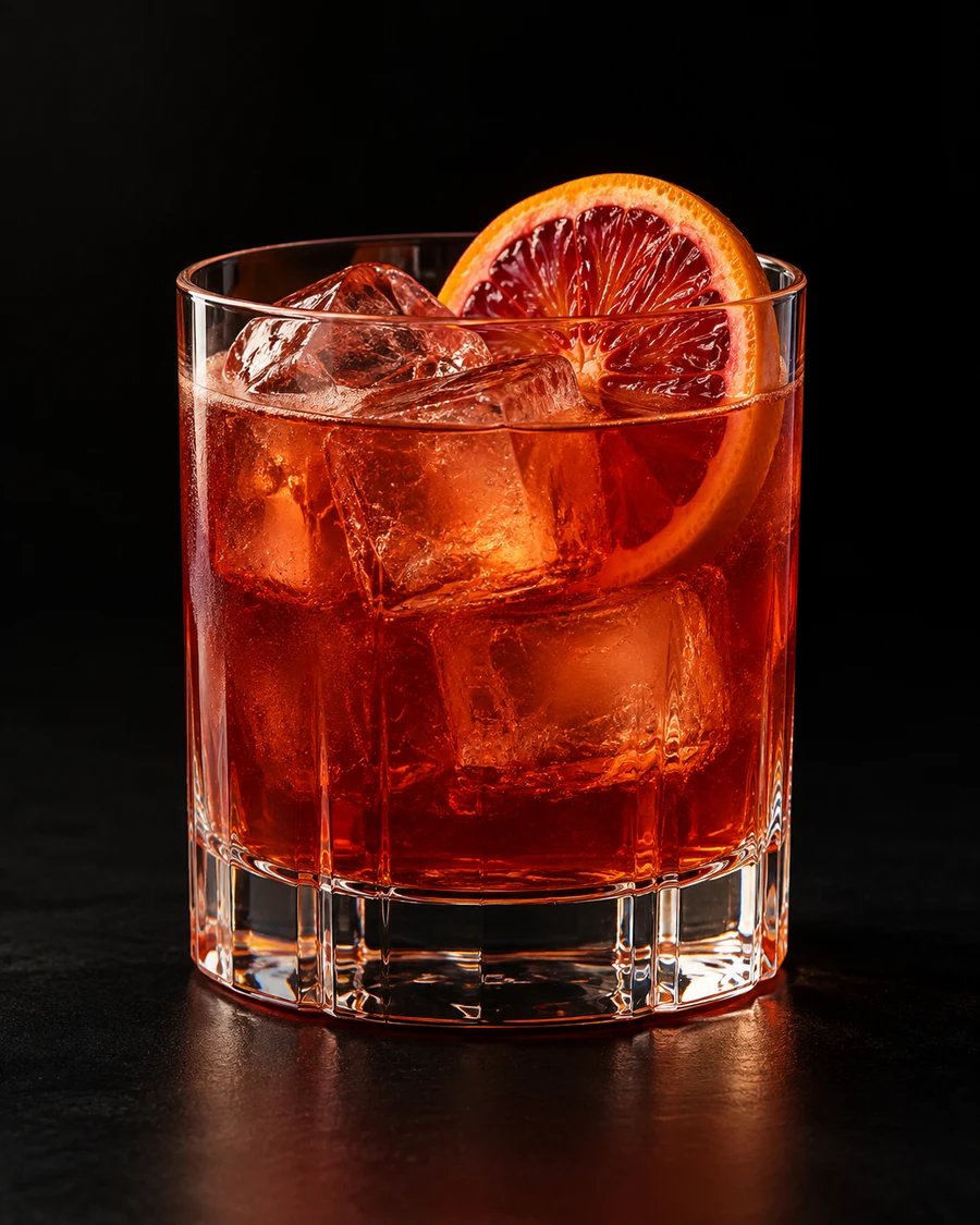 Non-Alc Grove Fix in a rocks, fresh cubed ice for service, with Blood orange wheel, against a black background.