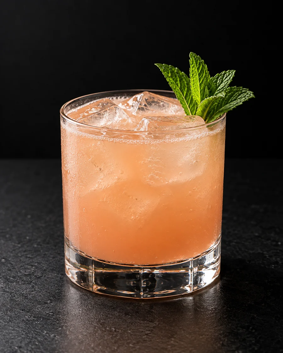cloudy pale peach Non-Alc Guava La Vida in a large rocks glass over ice cubes with a mint sprig.