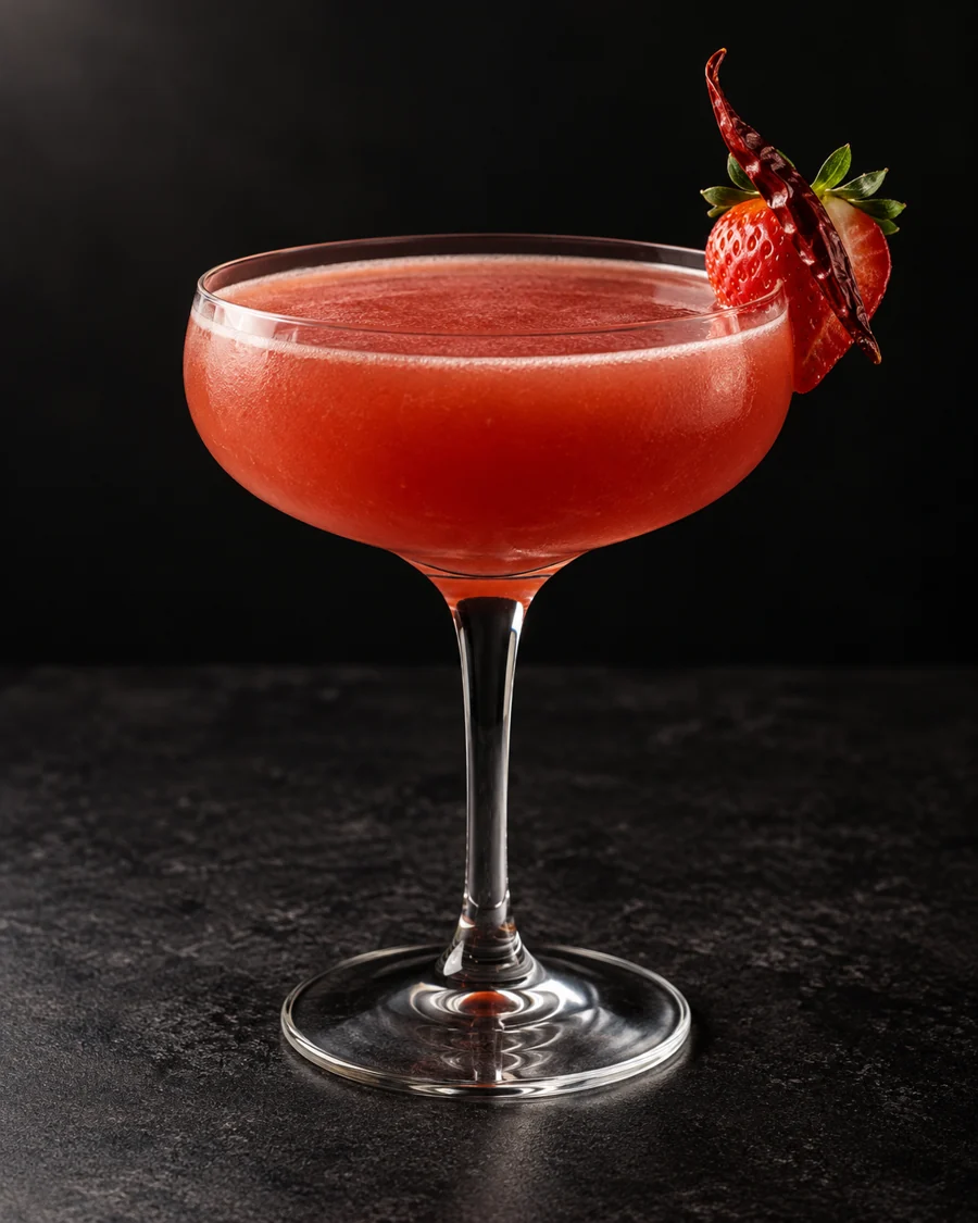 cloudy rosy-red Non-Alc Hot Date in a coupe without ice, with one fresh strawberry and one dried chile de árbol.