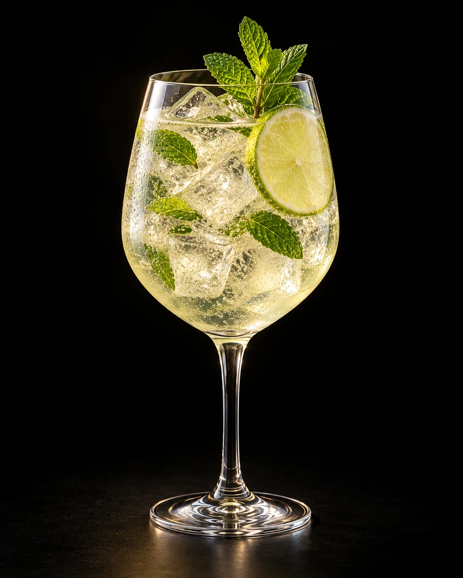 Non-Alc Hugo Spritz in a wine, fresh cubed ice for service, with Lime wheel and mint sprig, against a black background.