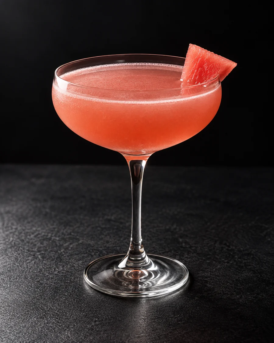hazy watermelon-pink Non-Alc Humidity in a coupe without ice, with a small watermelon piece.