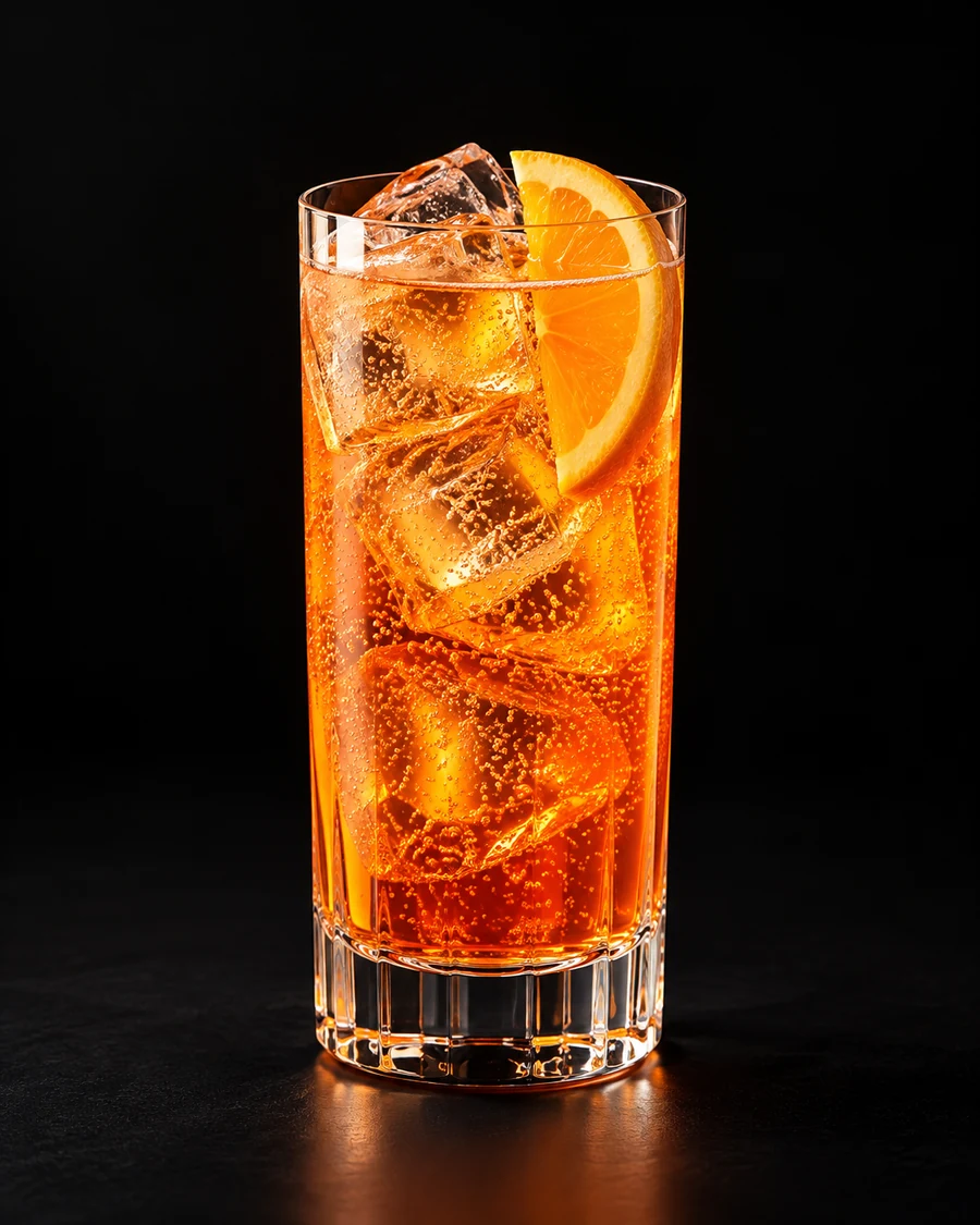 Non-Alc Italian Highball in a highball, fresh cubed ice for service, with Orange slice, against a black background.