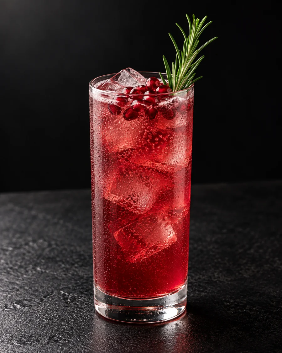ruby-red Non-Alc Jewel Box in a highball over ice cubes with a rosemary sprig and pomegranate seeds.