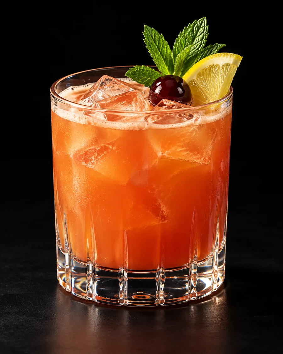 Non-Alc Jungle Bird in a rocks, fresh cubed ice for service, with Lemon wedge, cocktail cherry and mint sprig, against a black background.