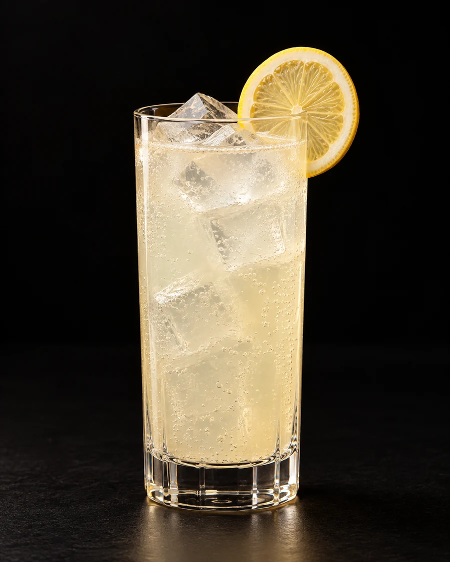 Non-Alc London Dry Collins in a highball, fresh cubed ice for service, with Lemon wheel, against a black background.
