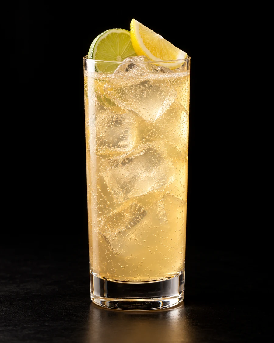 Non-Alc Lynchburg Lemonade in a highball, fresh cubed ice for service, with Lemon wedge and lime wheel, against a black background.