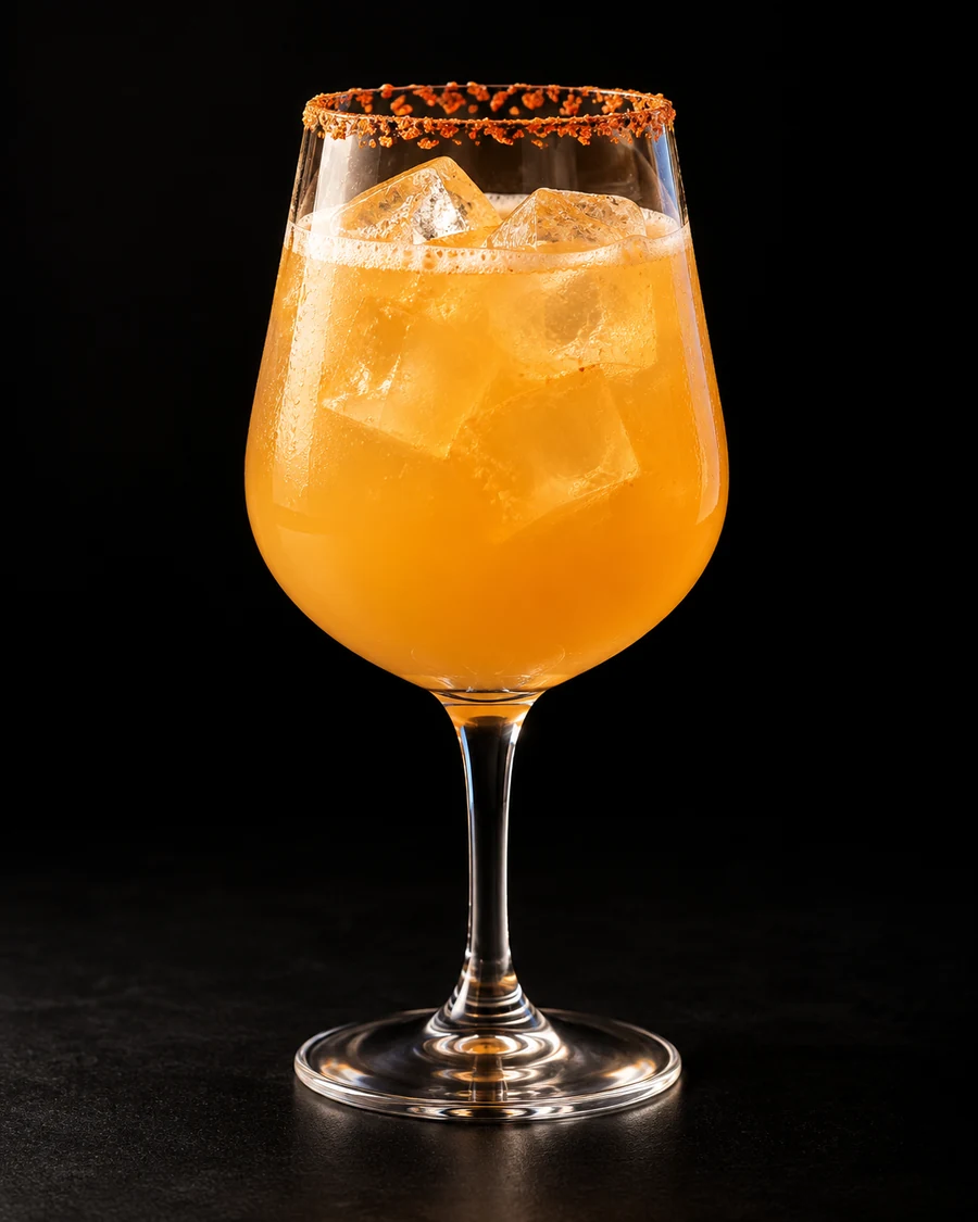 Non-Alc Lyrebird Handle in a wine, fresh cubed ice for service, with A light Tajín seasoning rim, against a black background.