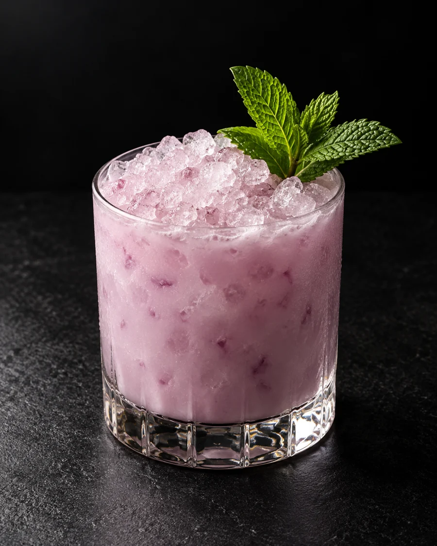 opaque pale lavender Non-Alc Maid Marion in a rocks glass over crushed ice with a mint sprig.
