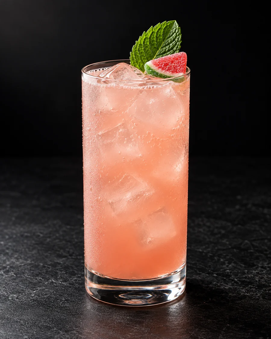 hazy pale pink Non-Alc Midnight Sun in a highball over ice cubes, with one mint leaf and a small red-and-green watermelon gummy.