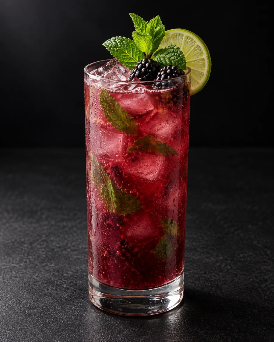 deep reddish-purple Non-Alc Minor Threat in a Collins glass over ice cubes with mint leaves, a lime wheel, mint sprig and two blackberries.