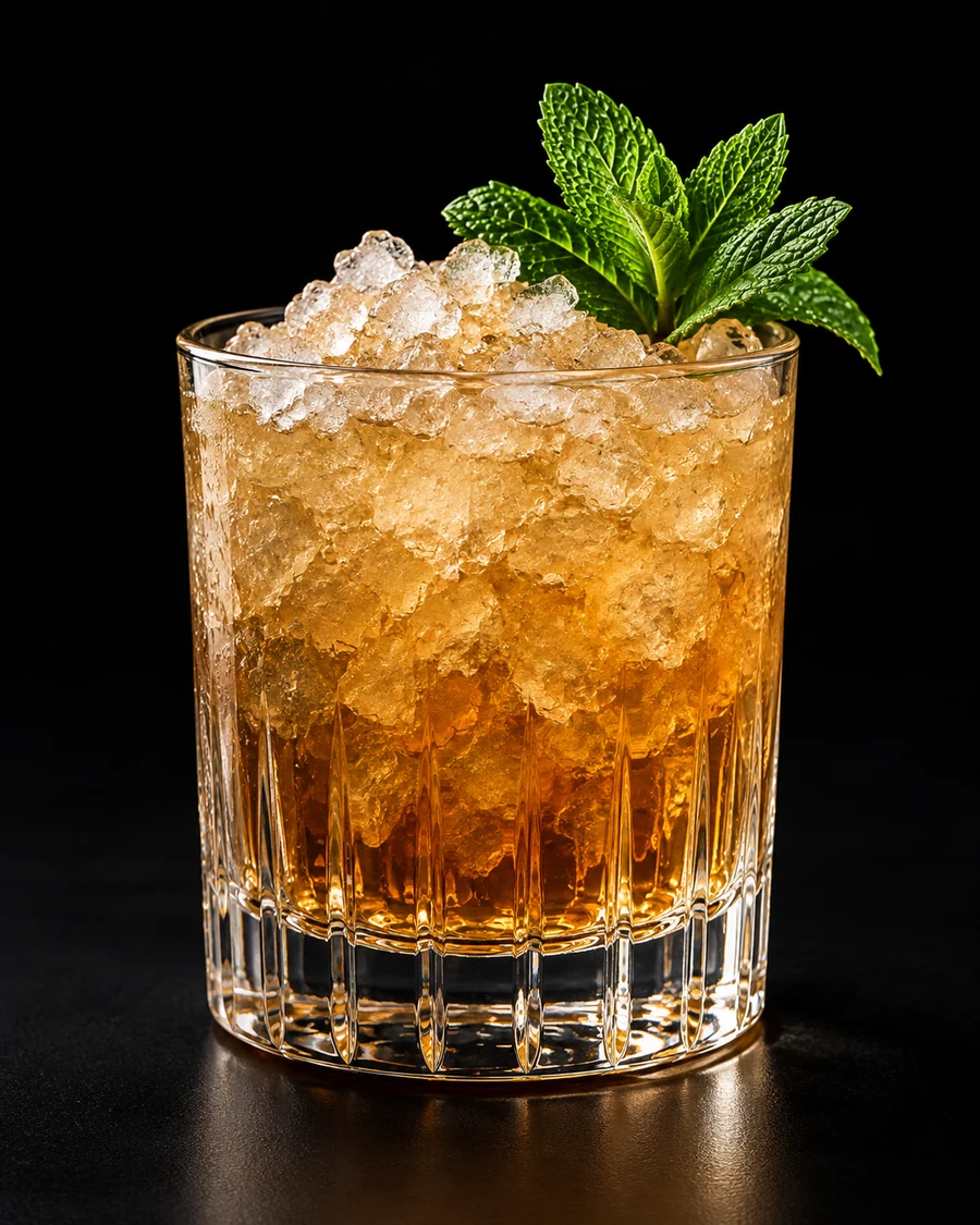 Non-Alc Mint Julep in a rocks, crushed ice in the serving glass, with Mint Sprig, against a black background.