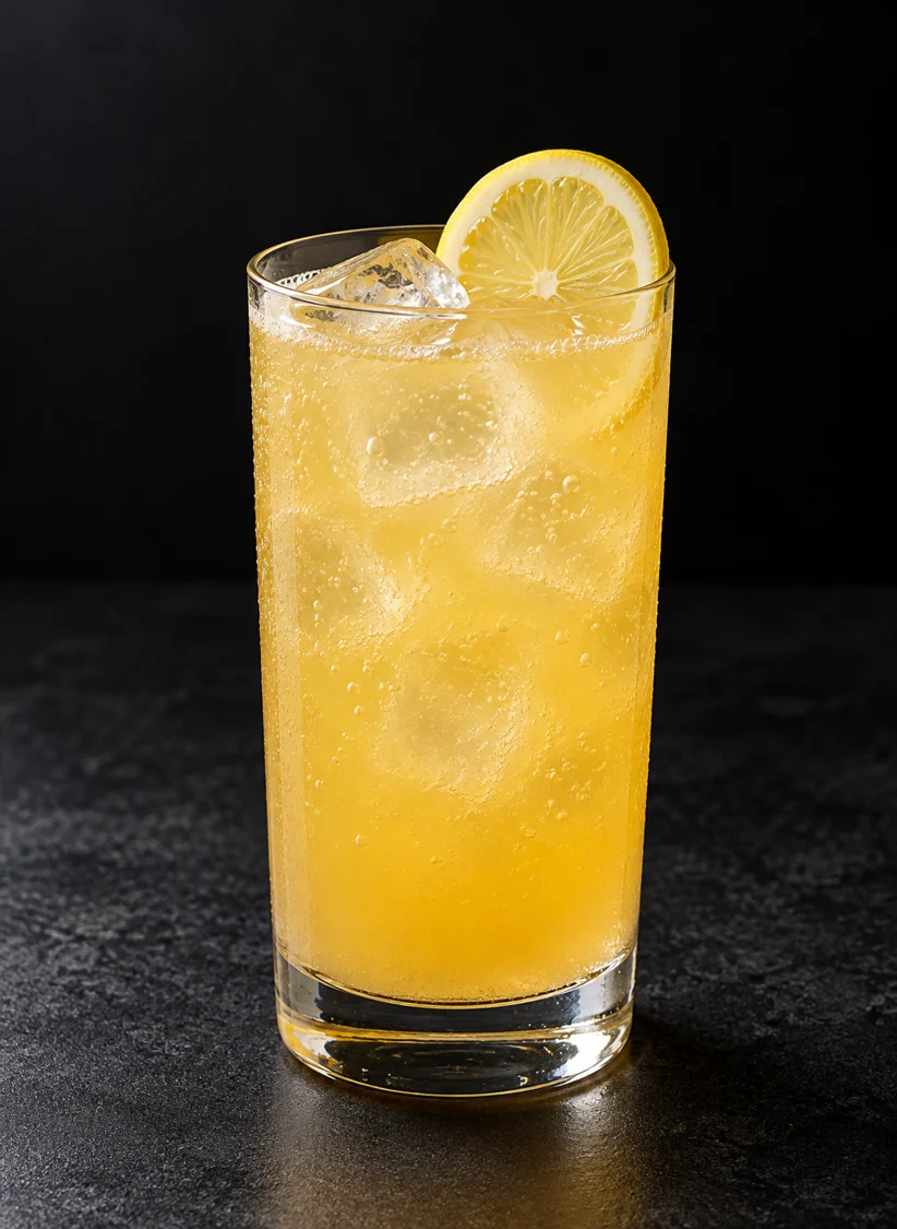 cloudy golden-yellow Non-Alc Miraflores in a highball over ice cubes, with a lemon wheel and fine bubbles.