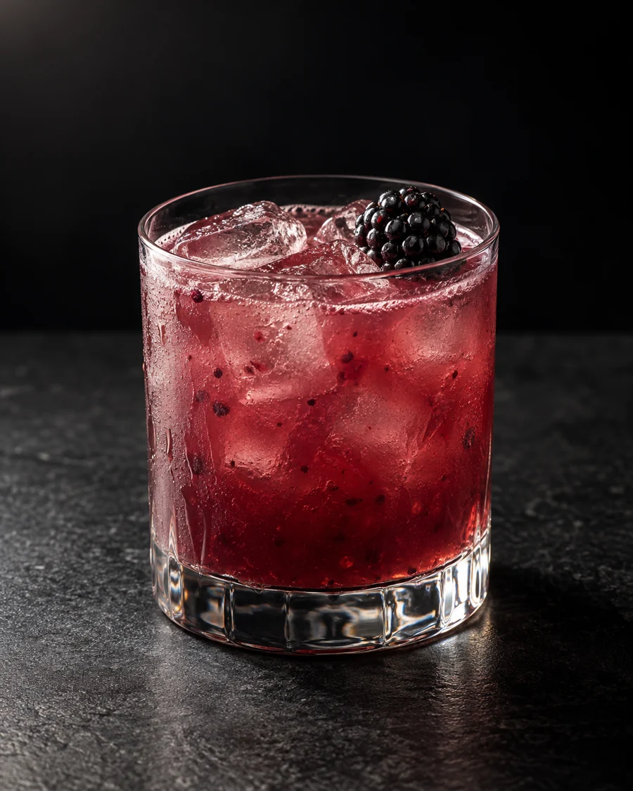 hazy reddish-purple Non-Alc Moonrise in a rocks glass over ice cubes with one blackberry.