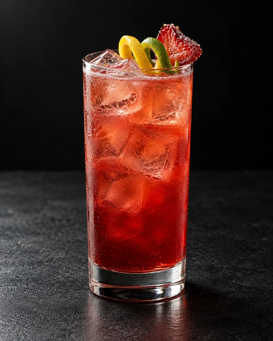 ruby-red Non-Alc My Bloody Valentine in a highball over ice cubes, with a lime twist, lemon twist and candied strawberry.