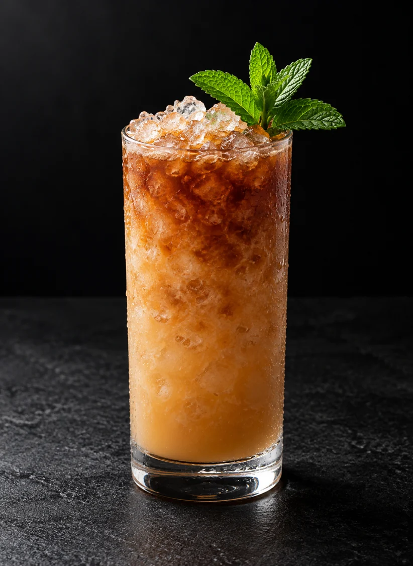 cloudy coffee-tan Non-Alc My Type in a highball over crushed ice with a mint sprig.