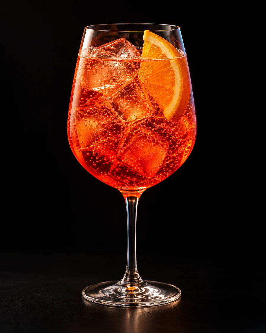 Non-Alc Negroni Sbagliato in a wine, fresh cubed ice for service, with Orange Slice, against a black background.