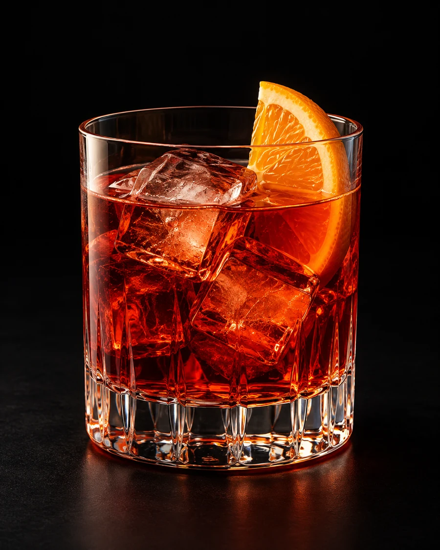 Non-Alc Negroni in a rocks, fresh cubed ice for service, with Orange slice, against a black background.
