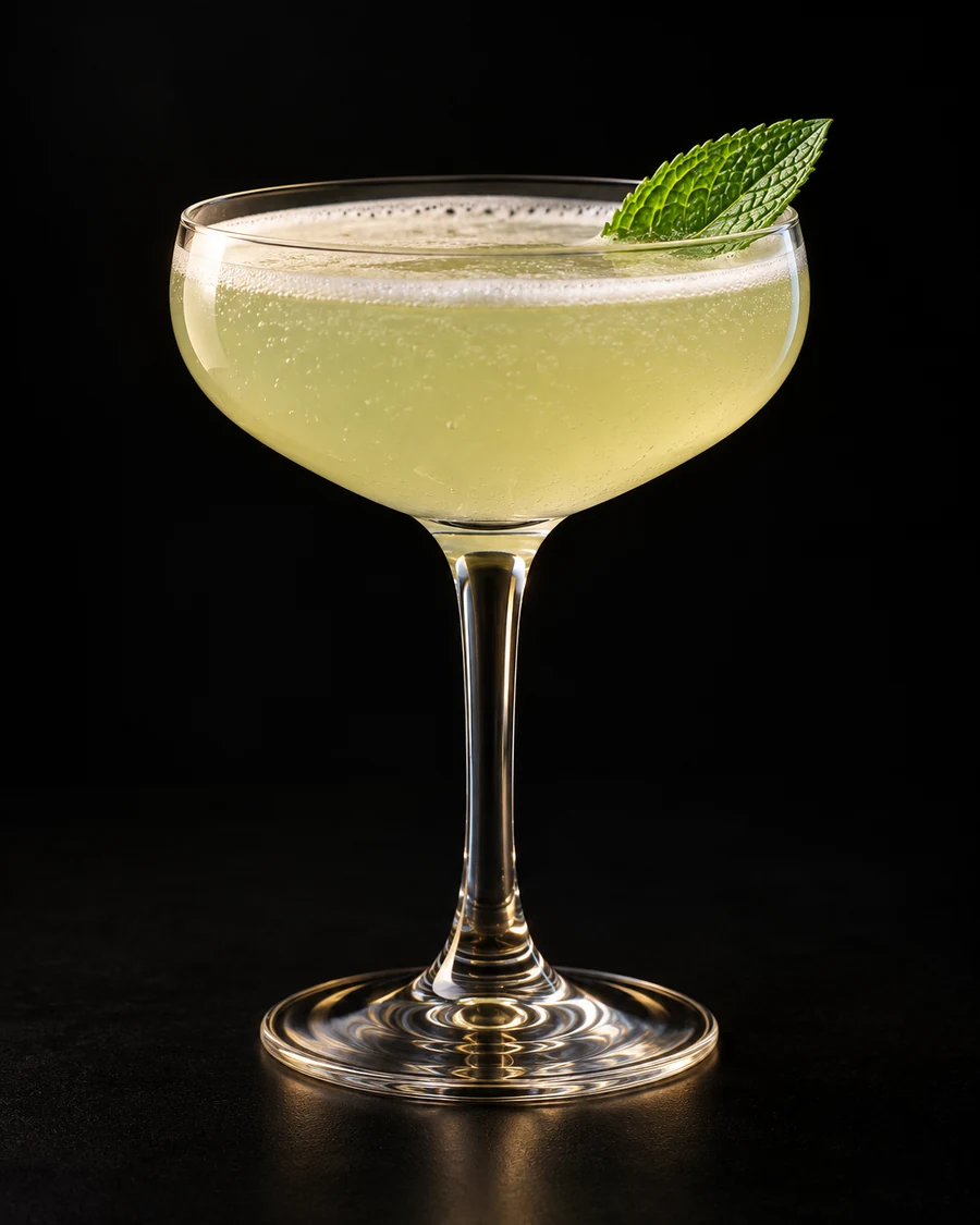 Non-Alc Old Cuban in a coupe, serve without ice, with Mint leaf, against a black background.