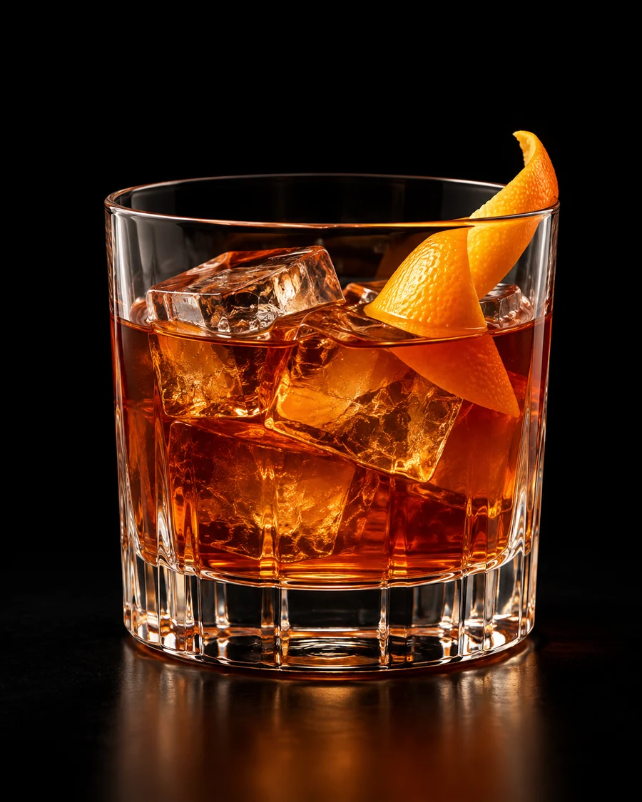 Non-Alc Old Fashioned in a rocks, fresh cubed ice for service, with Orange peel, against a black background.