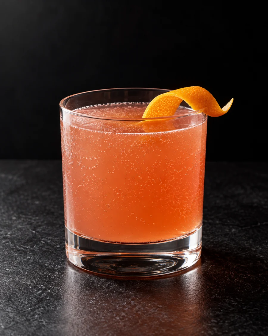 translucent pink-orange Non-Alc Orange Grove Tonic in a rocks glass without ice, with an orange twist and fine bubbles.