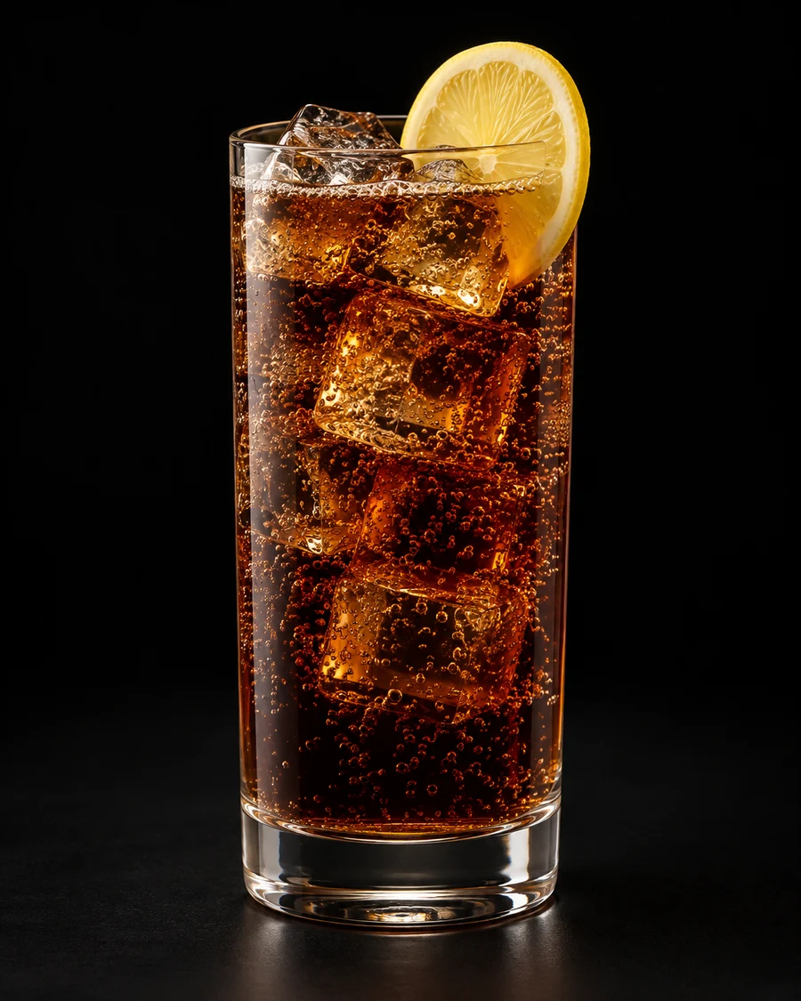 Non-Alc Originale Coffee Highball in a highball, fresh cubed ice for service, with Lemon wheel, against a black background.