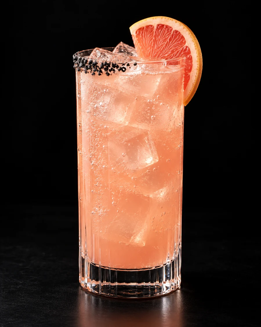 Non-Alc Paloma in a highball, fresh cubed ice for service, with Pink grapefruit wheel; optional half-salt rim, against a black background.