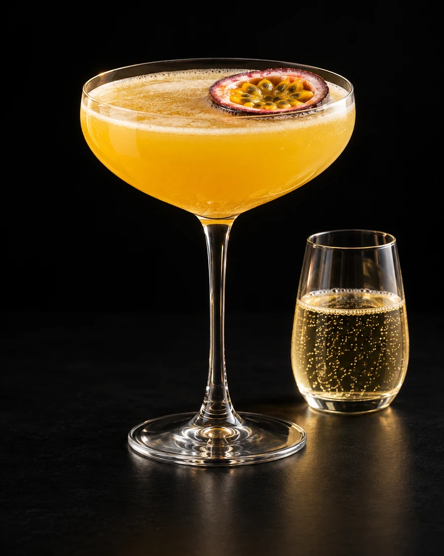Golden passionfruit drink in a coupe without ice, garnished with a passionfruit half-shell, with a separate small glass of non-alcoholic sparkling wine against a black background.