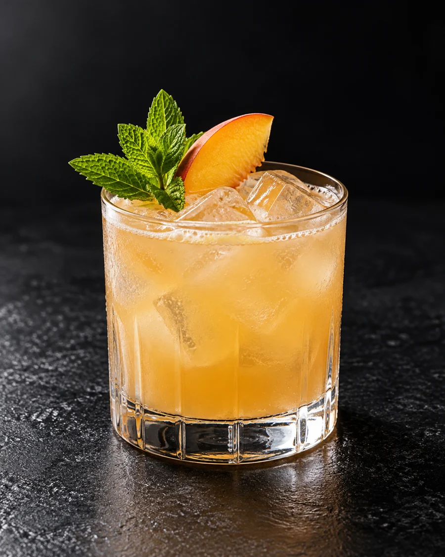 cloudy pale peach-gold Non-Alc Peach Better Have My Honey in a rocks glass over ice cubes with mint and a peach wedge.