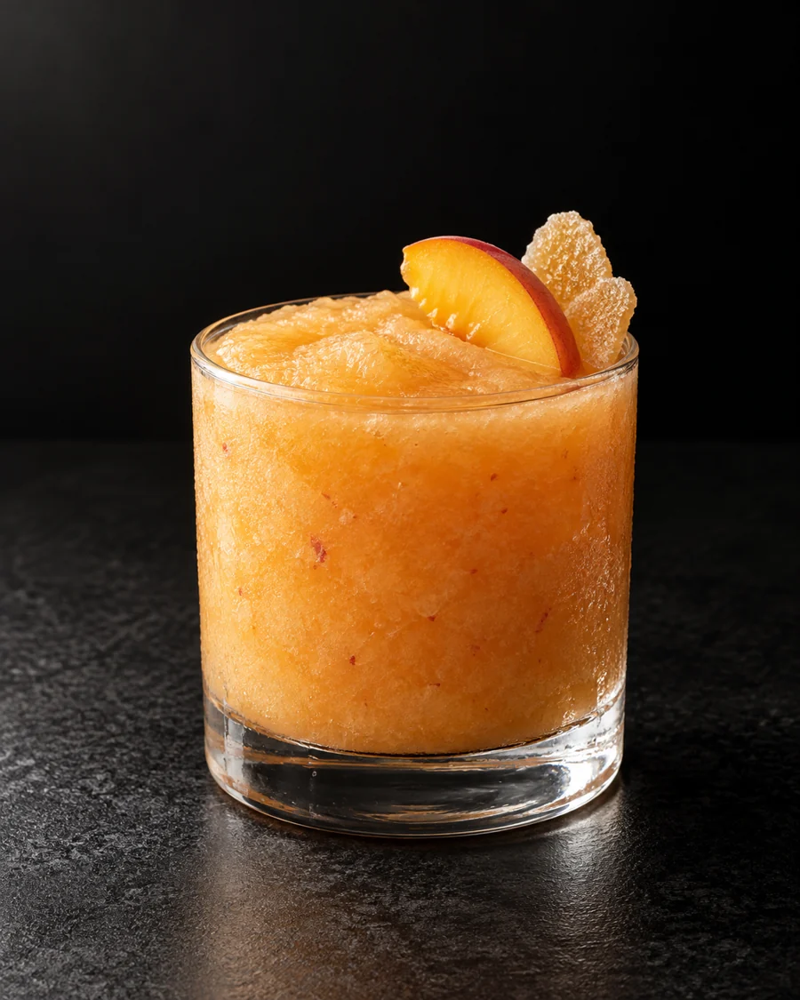 thick frosty peach-orange Non-Alc Peach, Please in a rocks glass, with finely blended ice, a peach piece and candied ginger.
