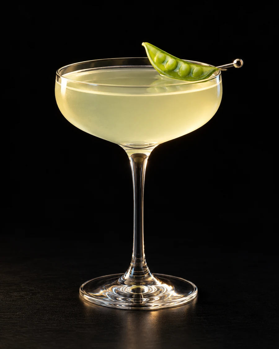 Non-Alc Peatini in a coupe, serve without ice, with sugar snap pea on a cocktail pick, against a black background.