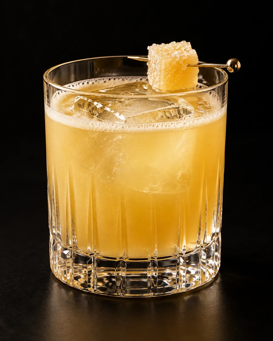 Non-Alc Penicillin in a rocks, cubed ice for mixing, with Ginger cube on skewer, against a black background.