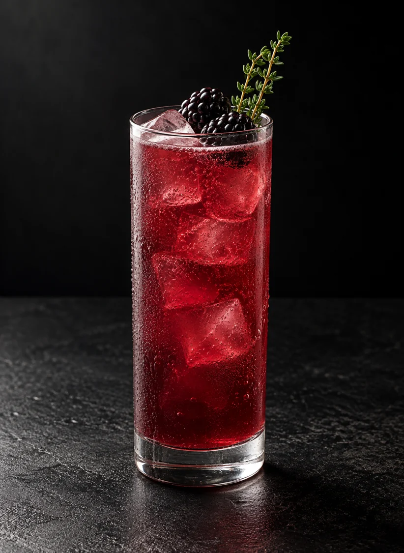 deep berry-red Non-Alc Pick-me in a Collins glass over ice cubes with a thyme sprig and two blackberries.