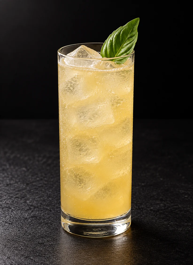 hazy pale golden Non-Alc Piña Gloria in a highball over ice cubes with one fresh basil leaf.