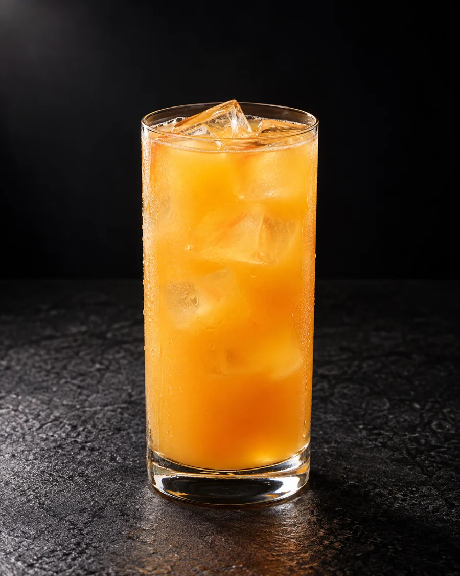 hazy orange-gold Non-Alc Pineapple Heat in a highball over ice cubes, without garnish or a salted rim.