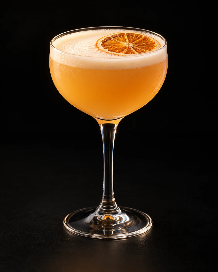Non-Alc Pineapple Sour Negroni in a nick-and-nora, serve without ice, with Ready-made dehydrated orange wheel, against a black background.