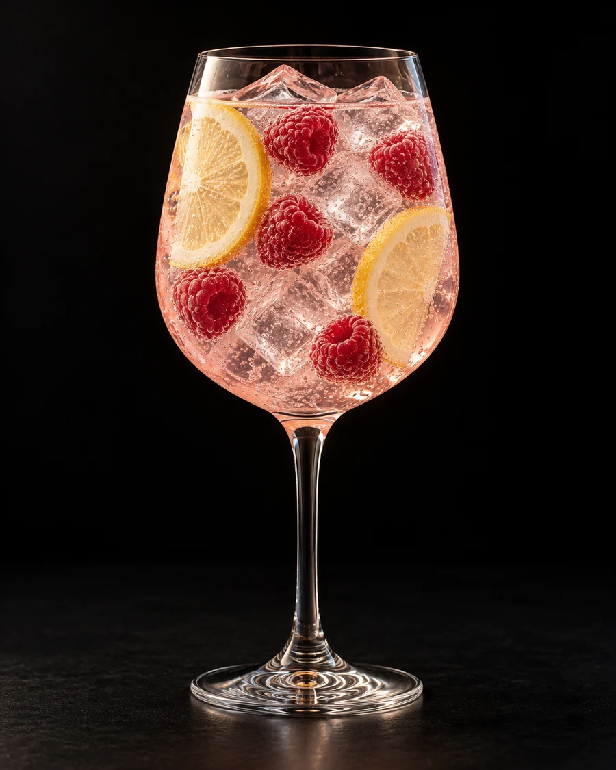 Non-Alc Pink London Spritz in a wine, fresh cubed ice for service, with Five raspberries and two lemon slices in the glass, against a black background.