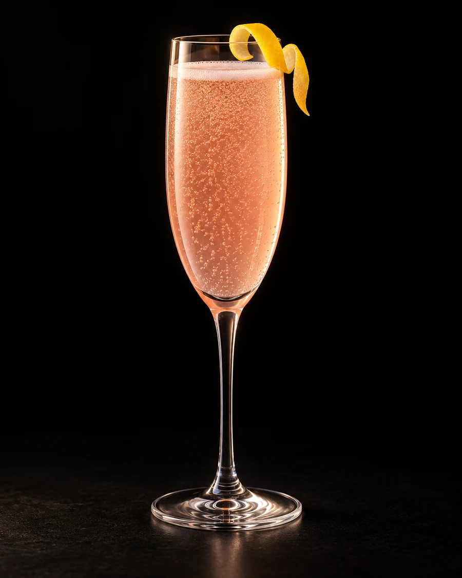 Non-Alc Rosé French 75 in a flute, serve without ice, with Lemon Twist, against a black background.