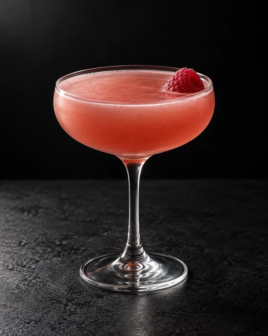 hazy raspberry-pink Non-Alc Rum Raspberry Hut in a small coupe without ice, with one fresh raspberry.