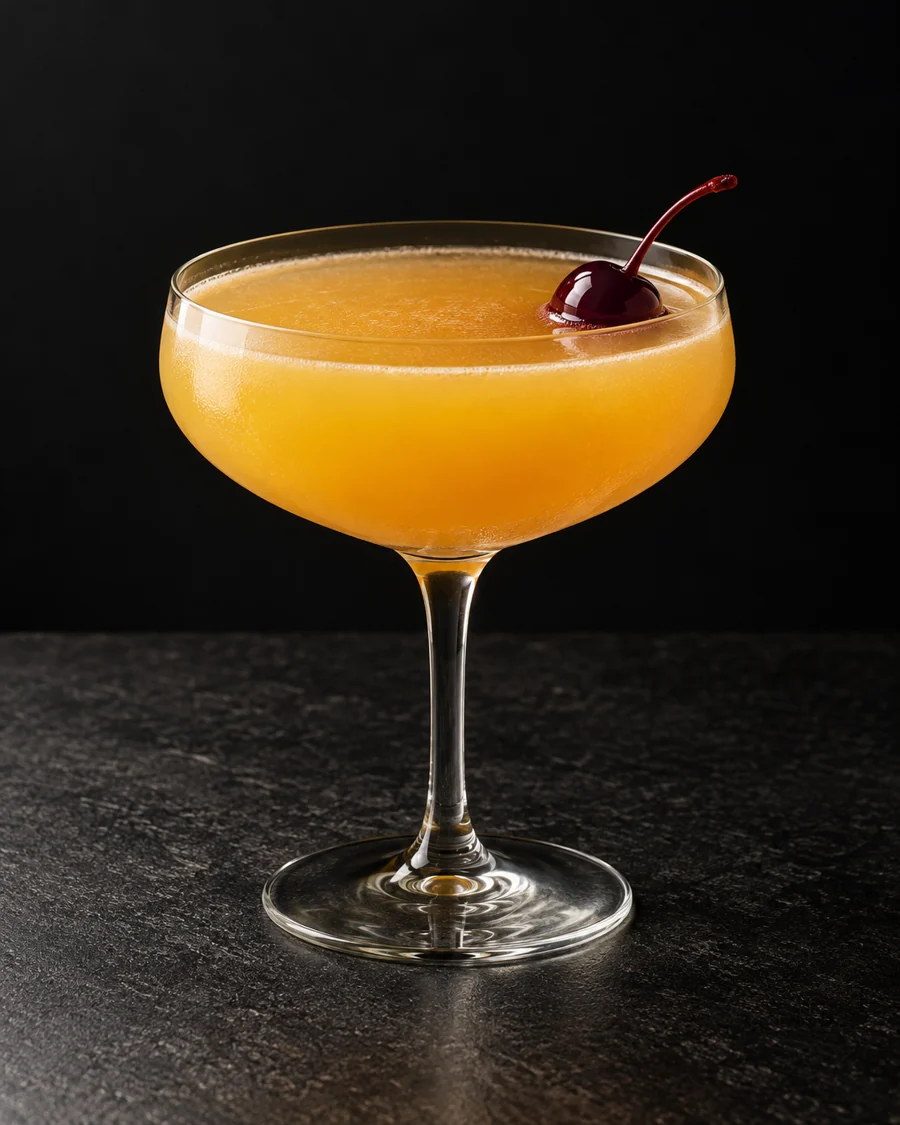 cloudy golden-orange Non-Alc Sunny Side in a large coupe without ice, with one cocktail cherry.
